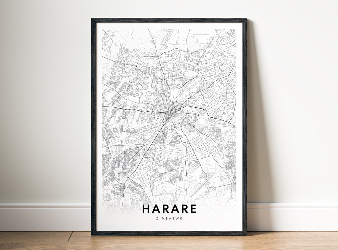 Harare Zimbabwe Minimalist Black and White City Street Map Poster