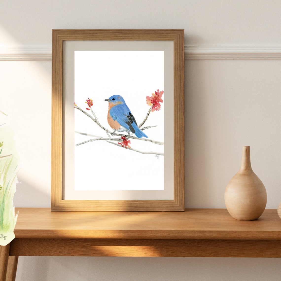 Eastern Bluebird Watercolor Print on Blossoming Spring Branch