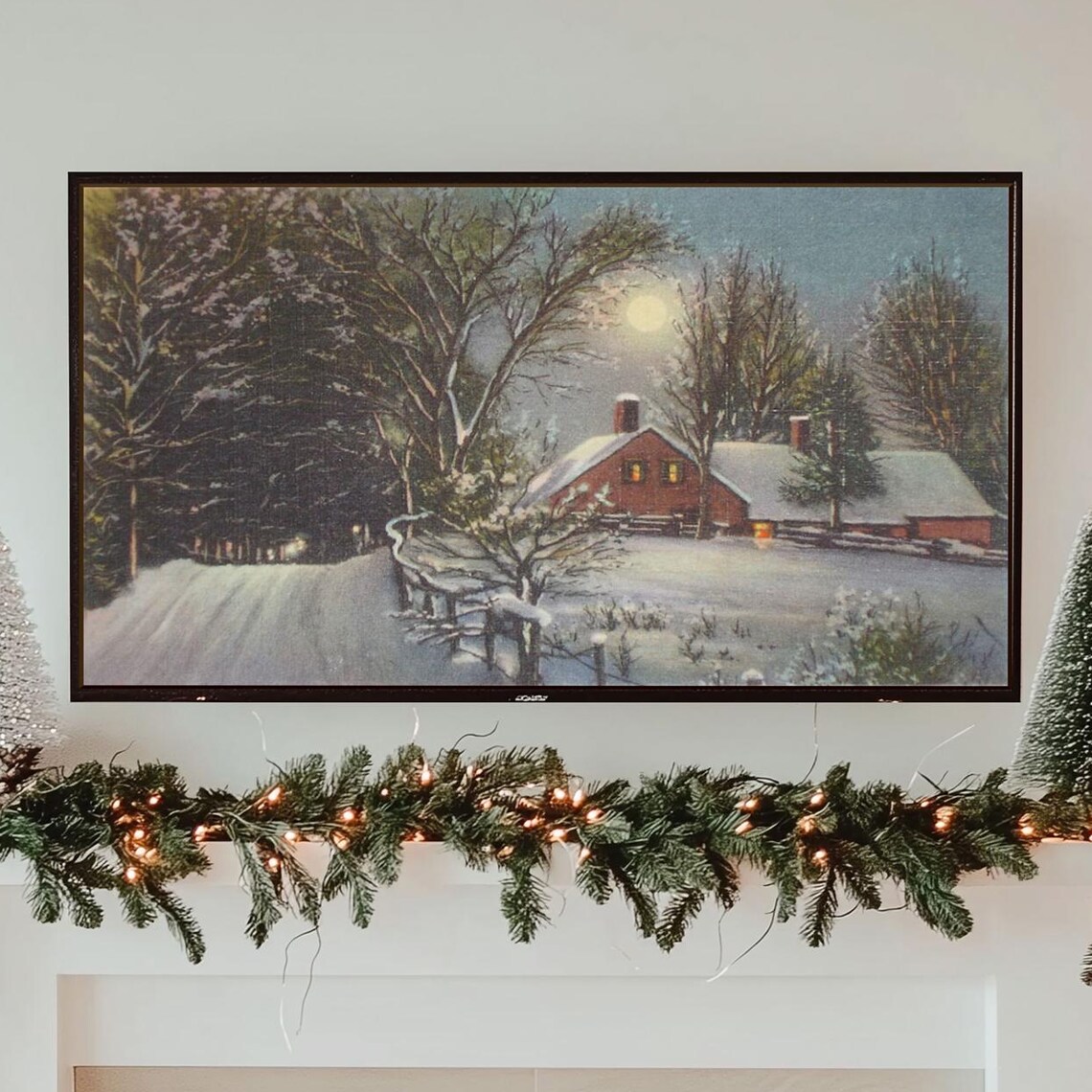 Snowy Country Home Under Moonlight Winter Night Landscape Poster