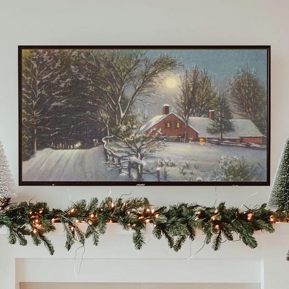 Winter Country Home Under Moonlight Tv Art Frame Holiday