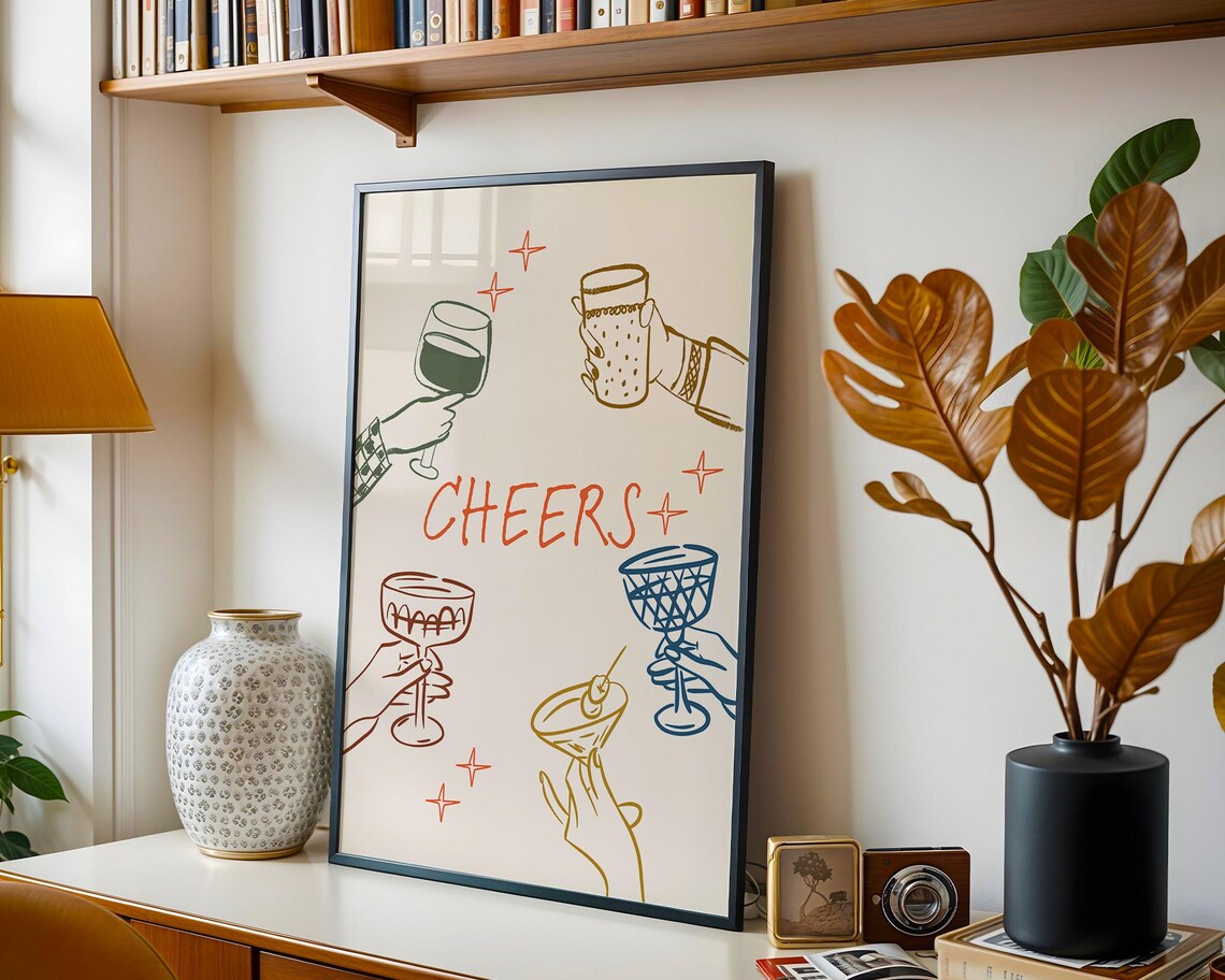 Cheers Cocktail Glasses Retro Hand Drawn Party Toast Art Poster - Image 3