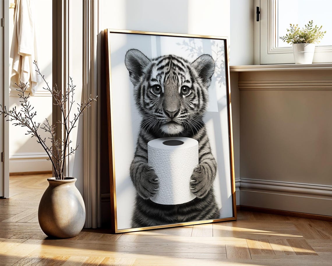 Cute Tiger Cub Holding Toilet Paper Funny Bathroom Art Poster - Image 6