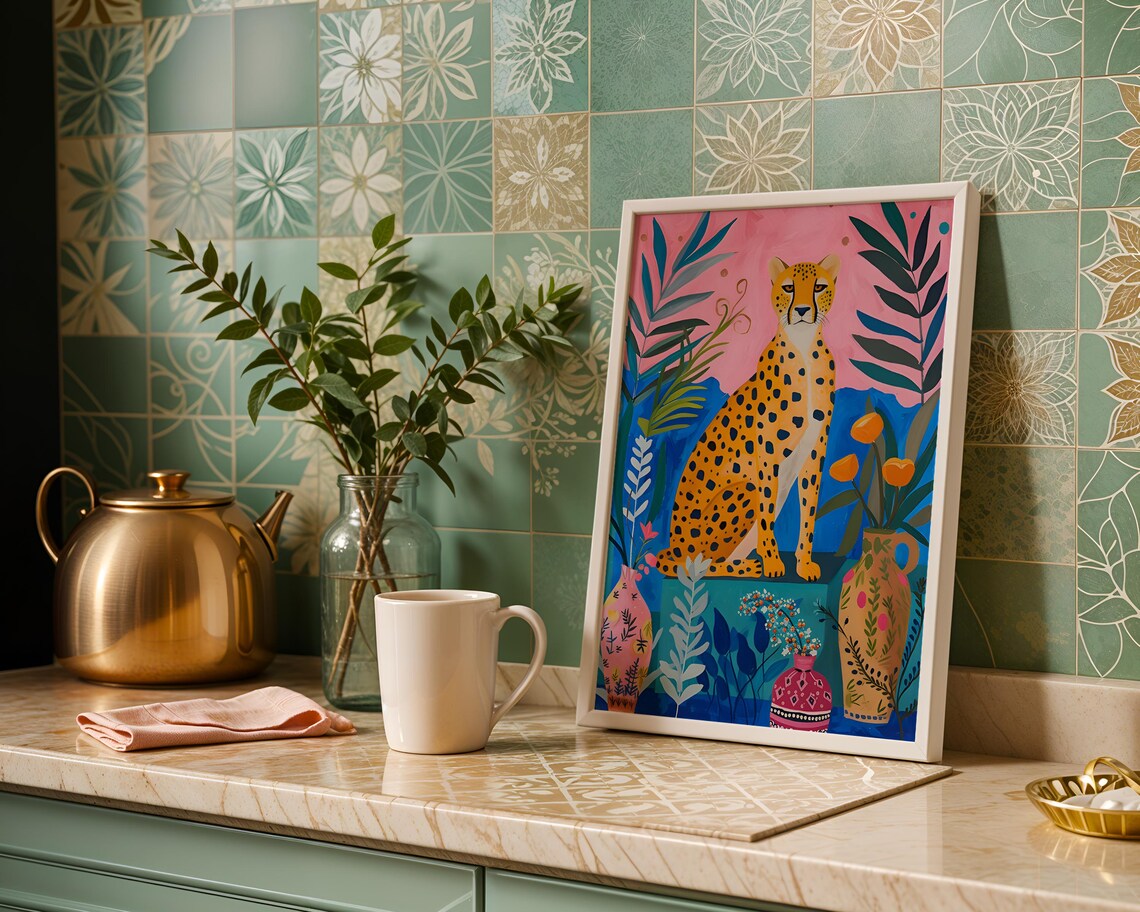 Maximalist Cheetah Pink Jungle Botanical Colorful Animal Art Poster - Image 4