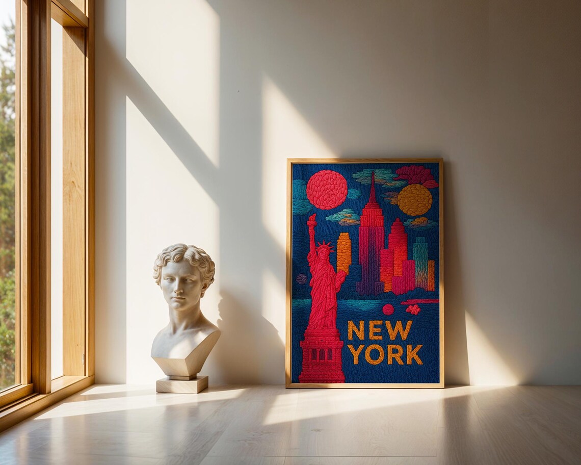 New York City Embroidered Statue Of Liberty Skyline Art Poster - Image 3