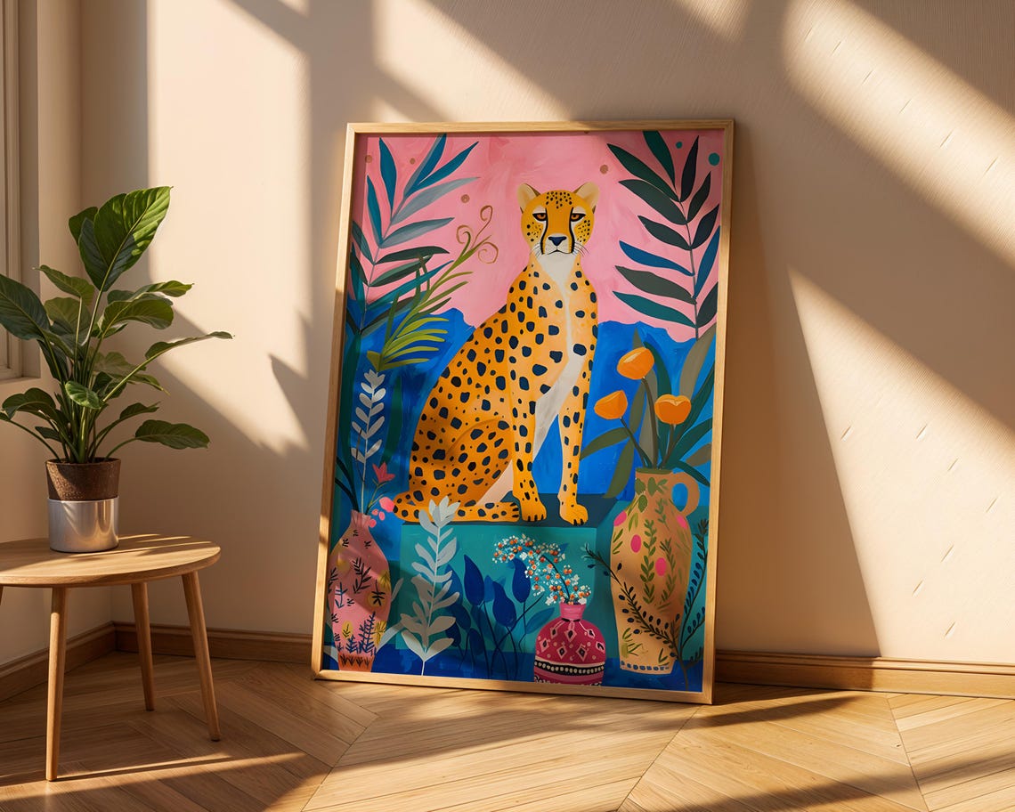 Maximalist Cheetah Pink Wall Art Jungle Animal Print Colorful Botanical Decor Luxury Home Instant - Image 5