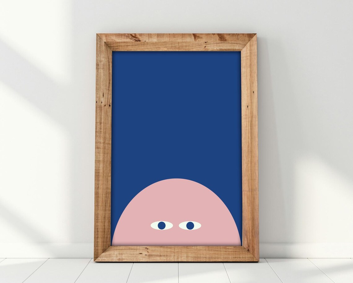 Peeking Face - Minimal Pink & Navy Wall Print