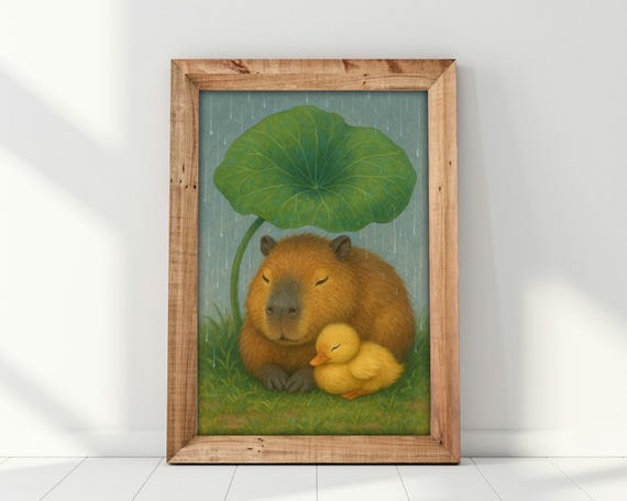 Capybara And Duck In Rain, Nursery Decor