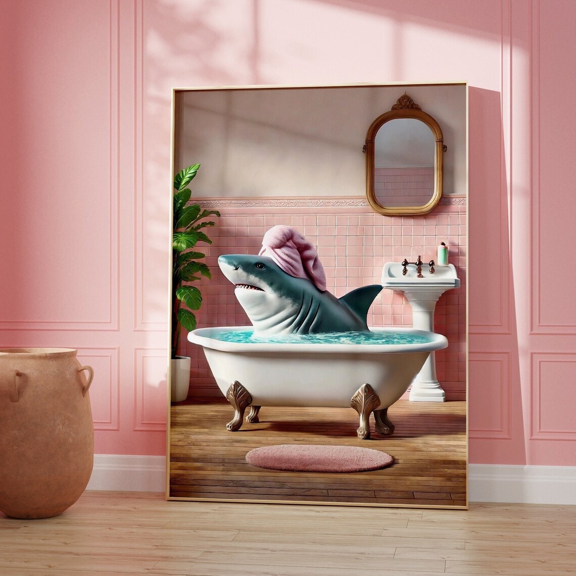 Shark in Bathtub Towel Turban Pink Bathroom Funny Animal Poster