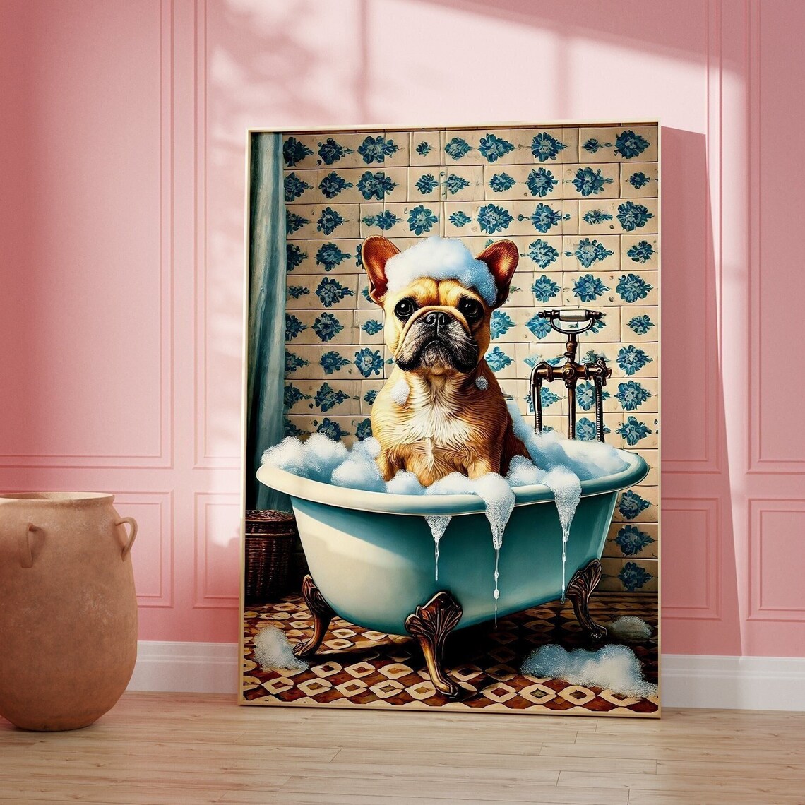 Cute French Bulldog Puppy in a Bubble Bath Funny Bathroom Wall Art