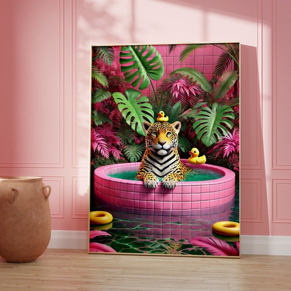 Leopard In Pink Tiled Pool With Rubber Ducks Funny Art Poster