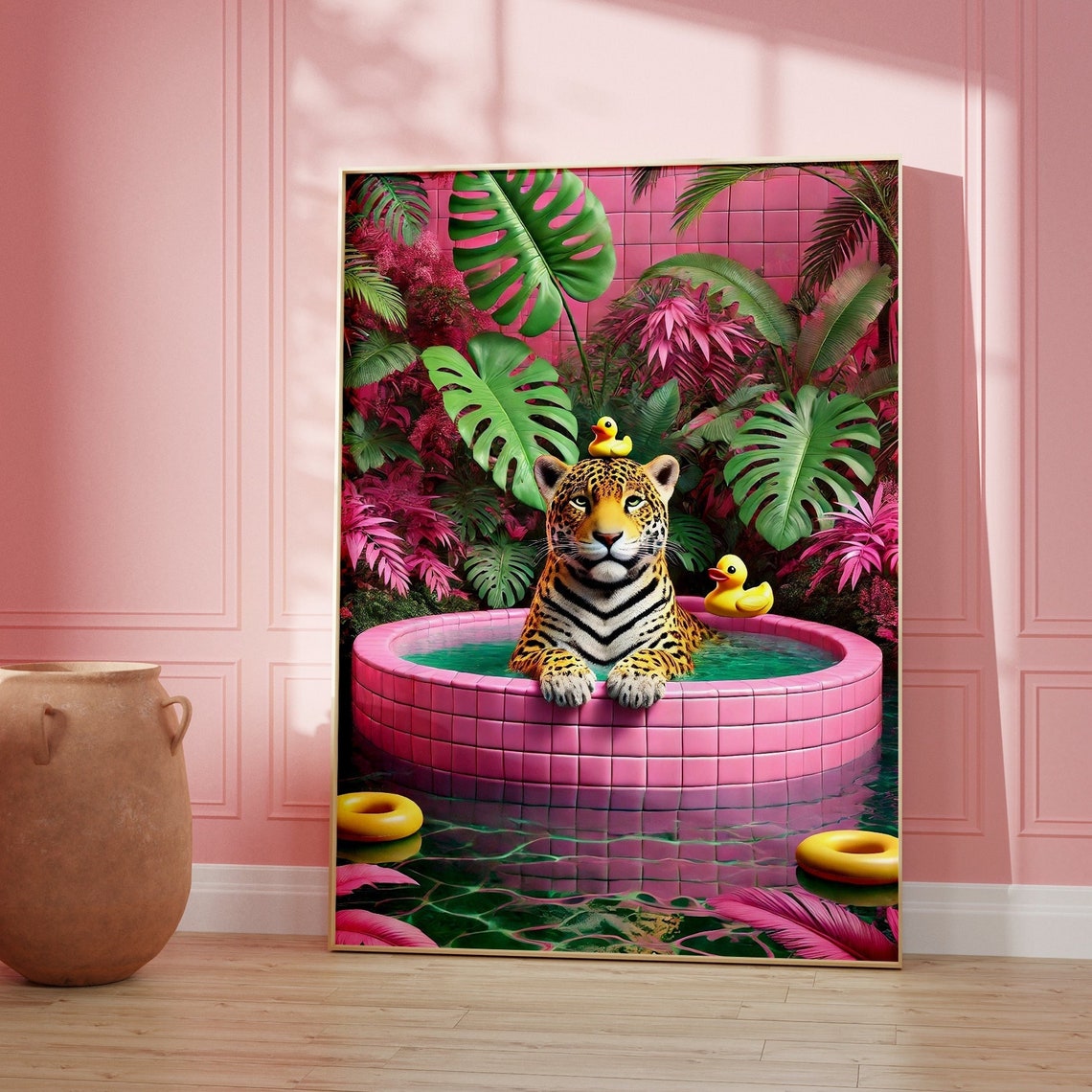 Leopard In Pink Tiled Pool With Rubber Ducks Funny Art Poster