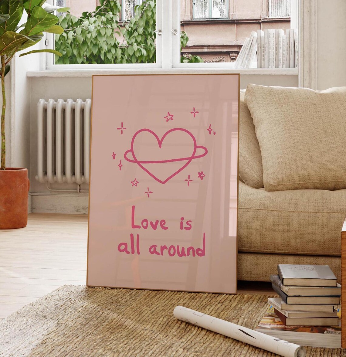 Love Is All Around Pink Planet Heart Aesthetic Quote Art Poster - Image 2