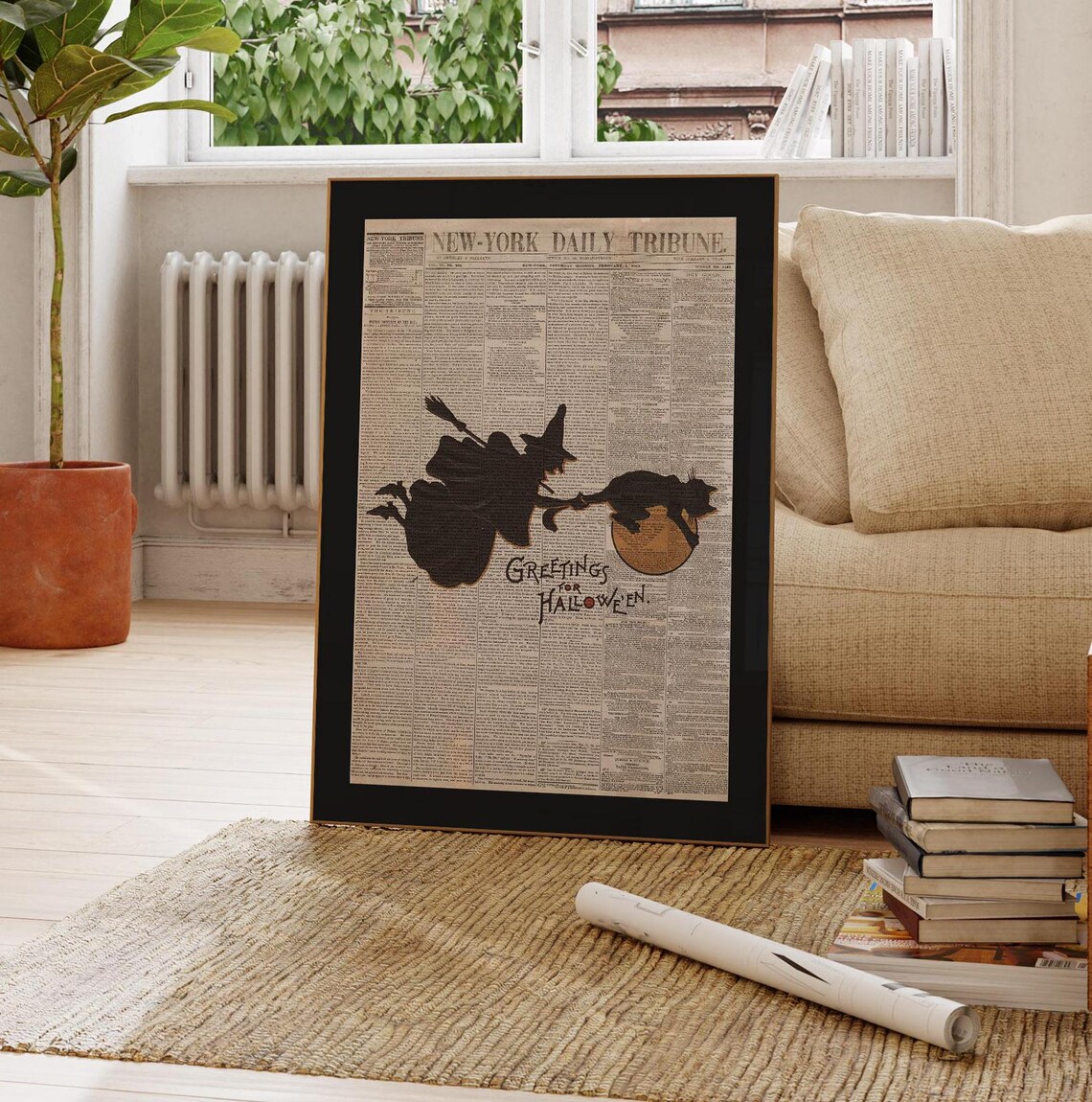 Witch and Cat Flying Over Vintage Newspaper Halloween Art Poster - Image 2