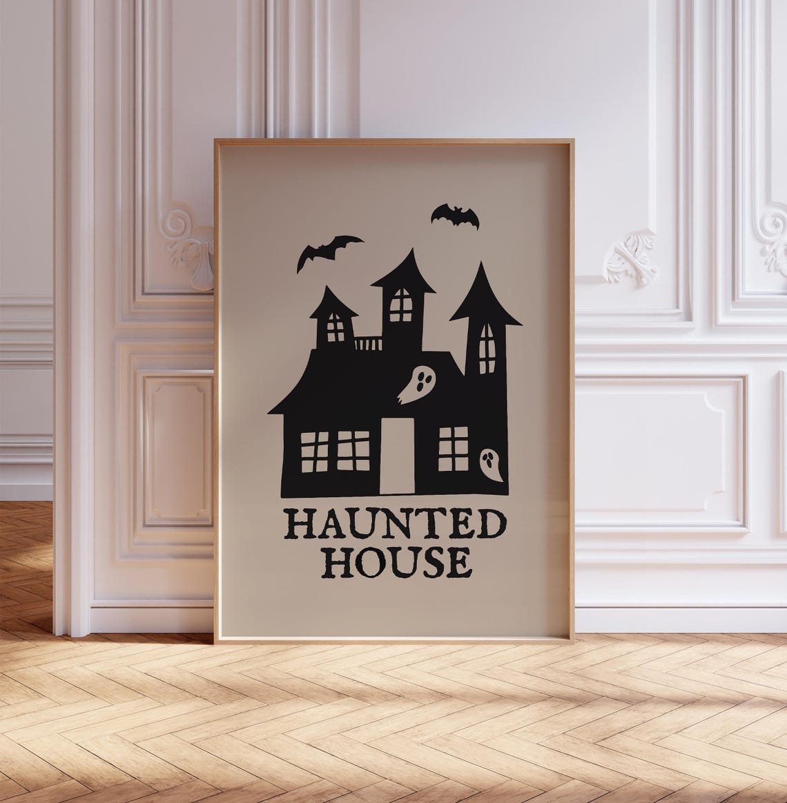 Haunted House with Ghosts and Bats Beige Minimalist Halloween Poster - Image 2