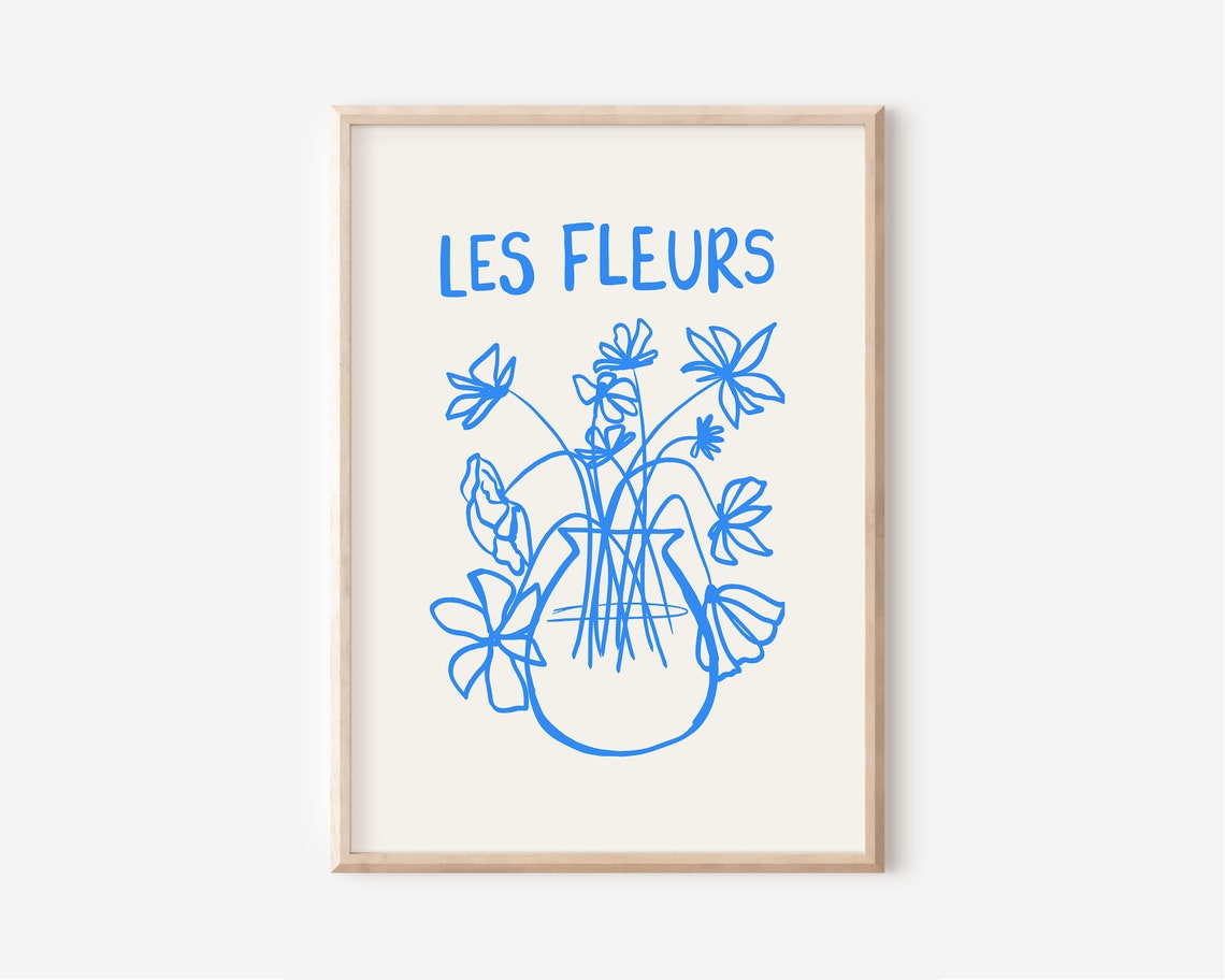 Blue Les Fleurs Flower Vase Botanical Line Art Hand Drawn Poster - Image 2