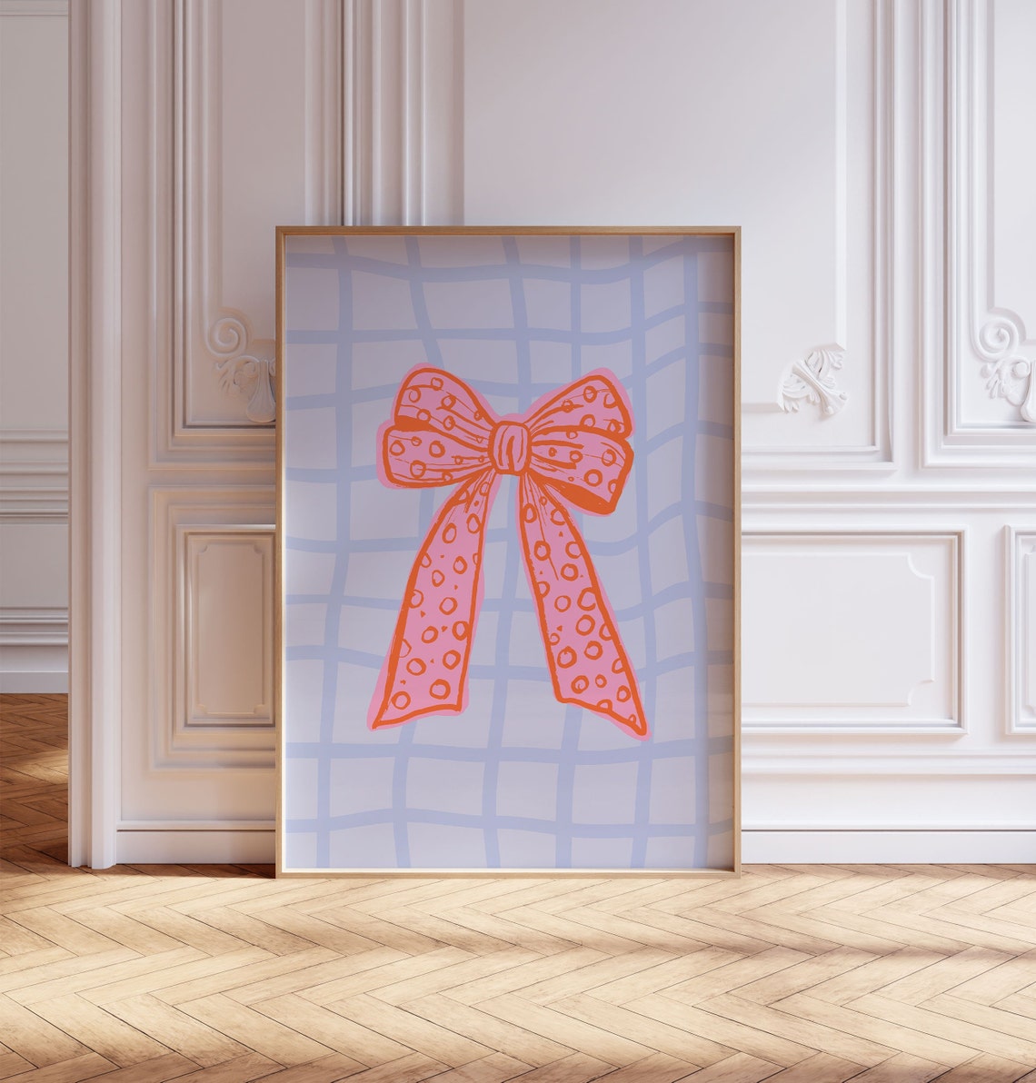 Orange Polka Dot Bow On Blue Checkered Background Funky Ribbon Poster