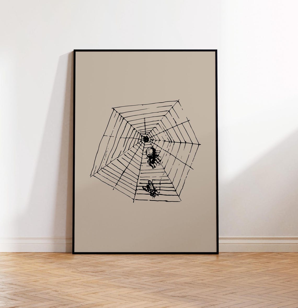 Minimalist Spider Web and Spider Black Ink Beige Halloween Poster - Image 2