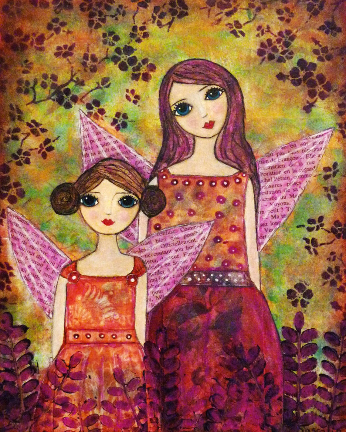 Fairy Sisters with Newsprint Wings Autumn Collage Art Poster