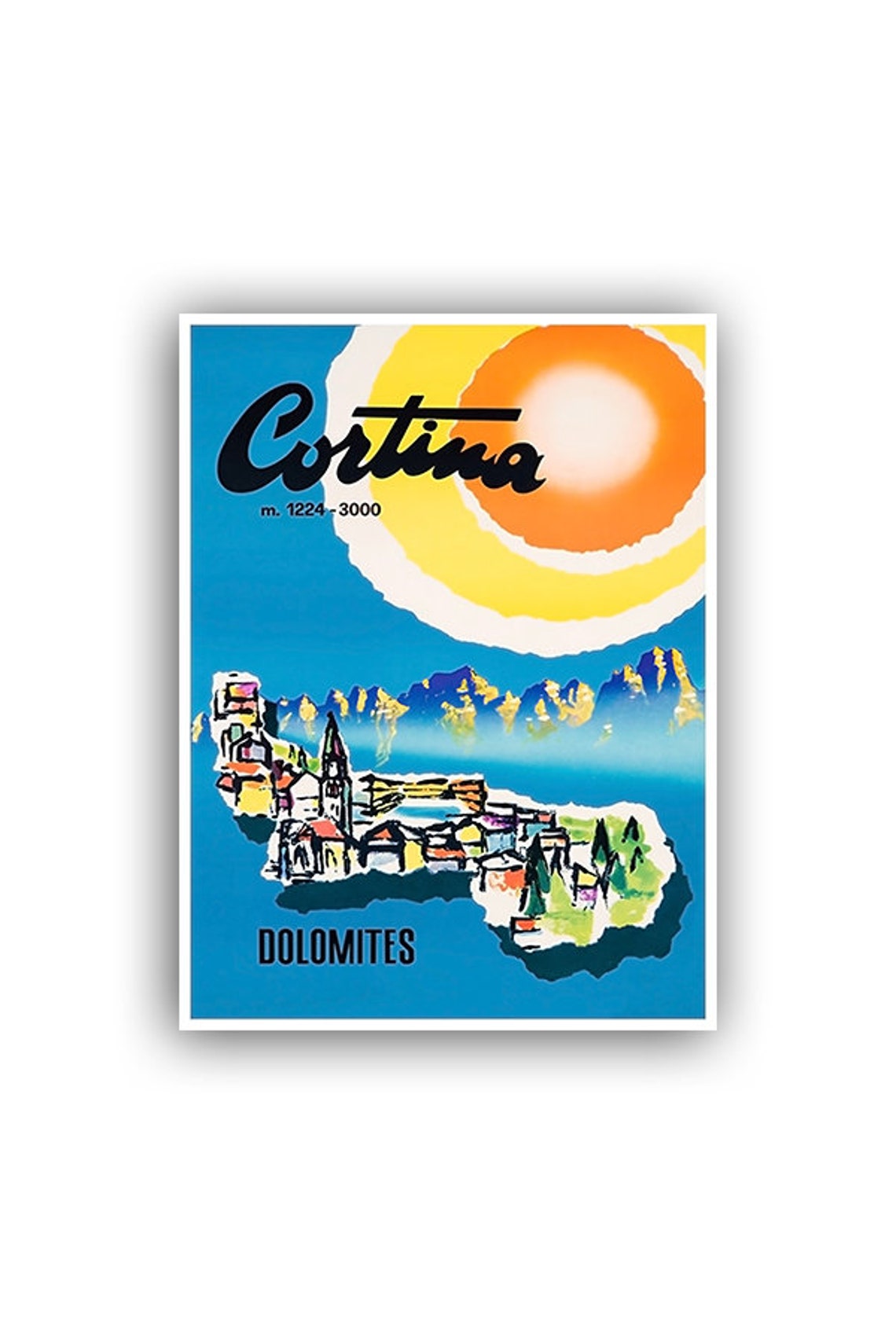 Cortina Dolomites Alpine Village Sun Vintage Italy Travel Poster