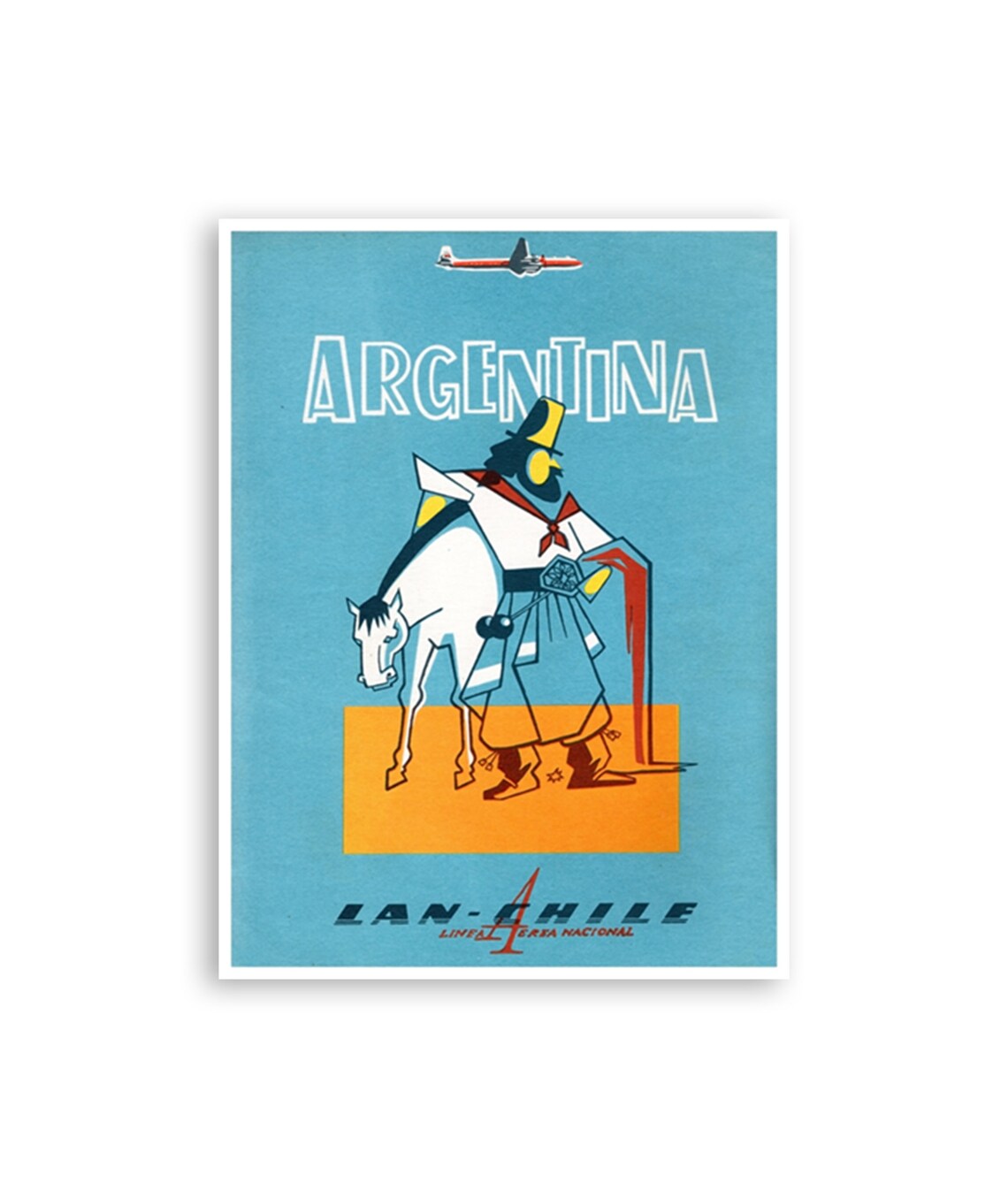 Argentina Gaucho Horse Lan Chile Airline Folk Art Vintage Poster
