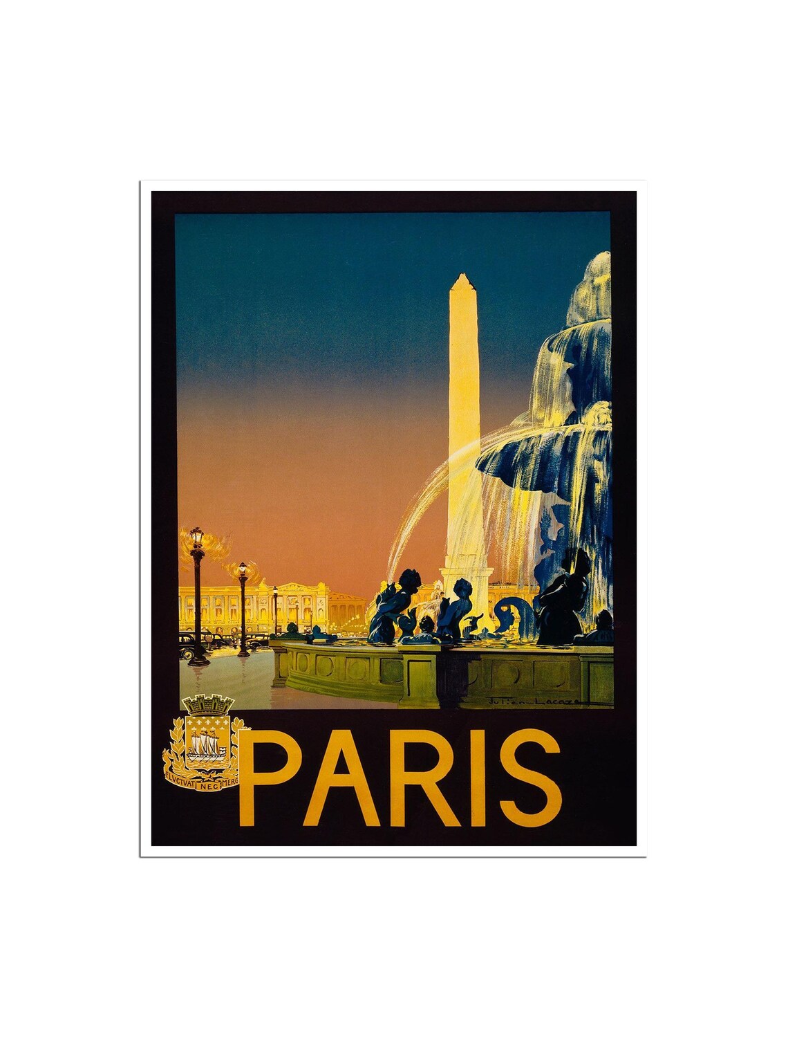 Paris Vintage Place de la Concorde Night Fountain Travel Poster