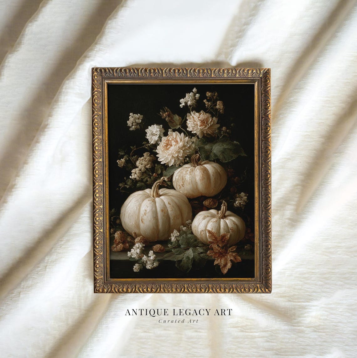 White Pumpkins Fall Floral Still Life Vintage Botanical Art Poster