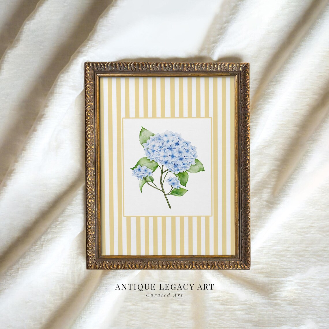 Blue Hydrangea Watercolor on Cream Stripes Charming Botanical Flower Art Poster
