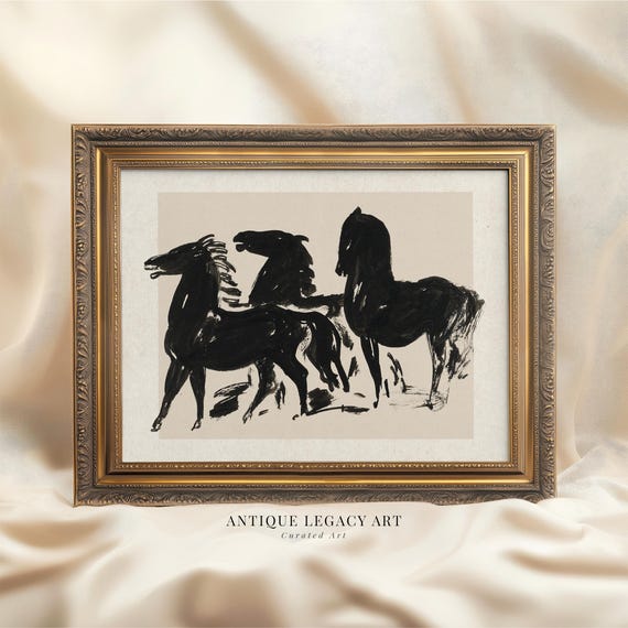 Vintage Wild Horse Ink Painting Wall Art Minimalist Farmhouse Black Animal Print Rustic Western Lodge Decor