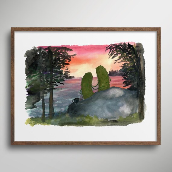 Whimsical Pickles at the Lake Watercolor Art Print