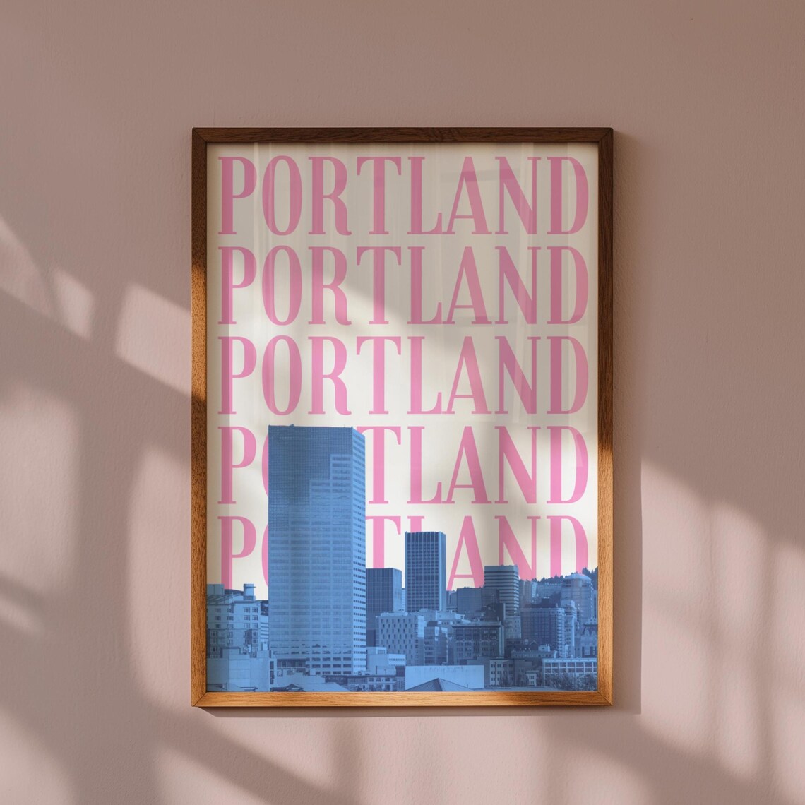 Portland Oregon Pink Blue Skyline Travel Poster