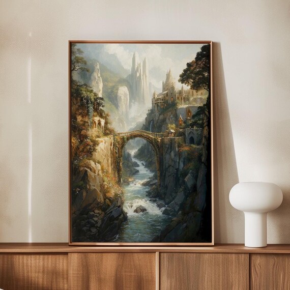 Rivendell Elven Castle Stone Bridge River Gorge Fantasy Art Poster