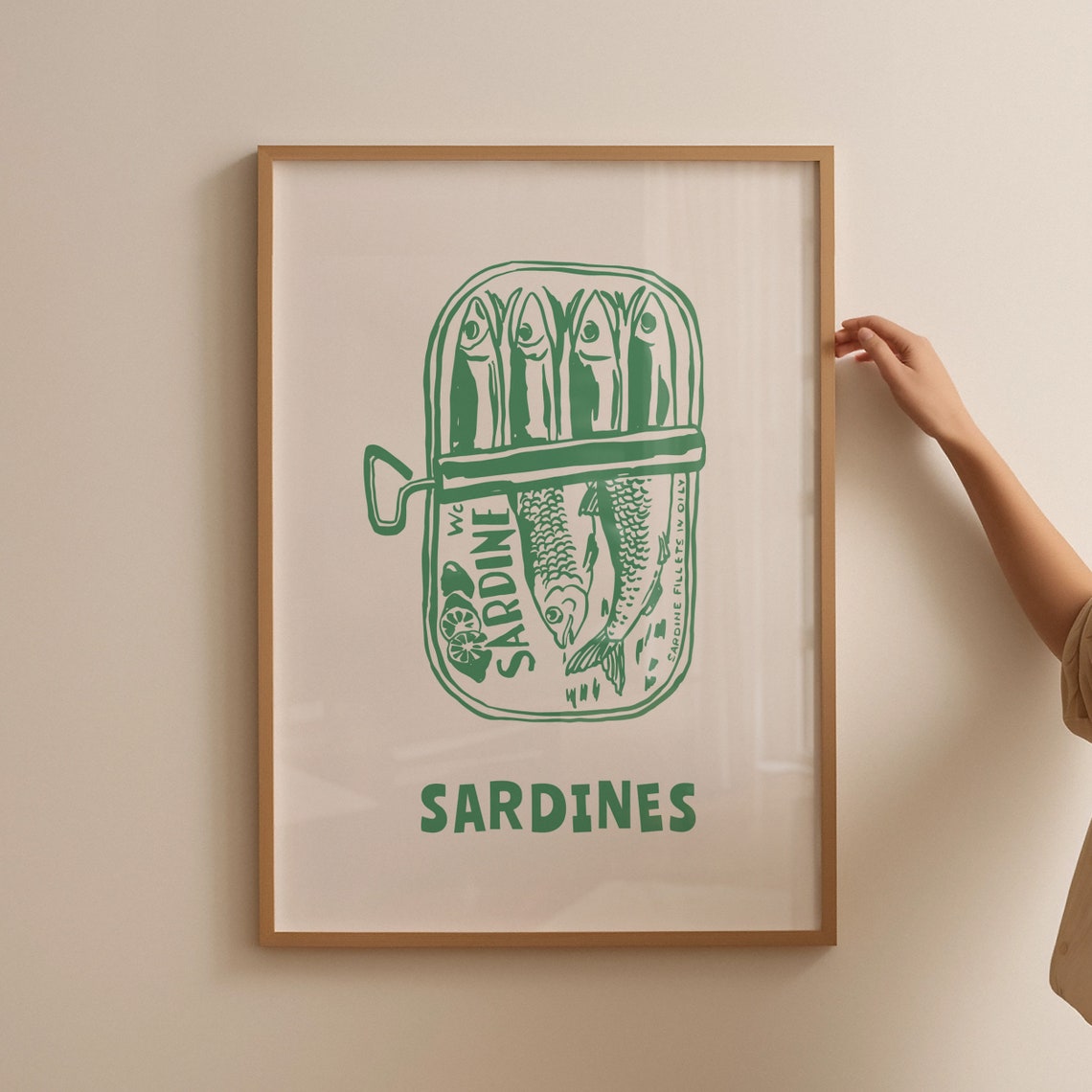 Retro Green Sardines Tin Illustration Hand Drawn Kitchen Food Poster