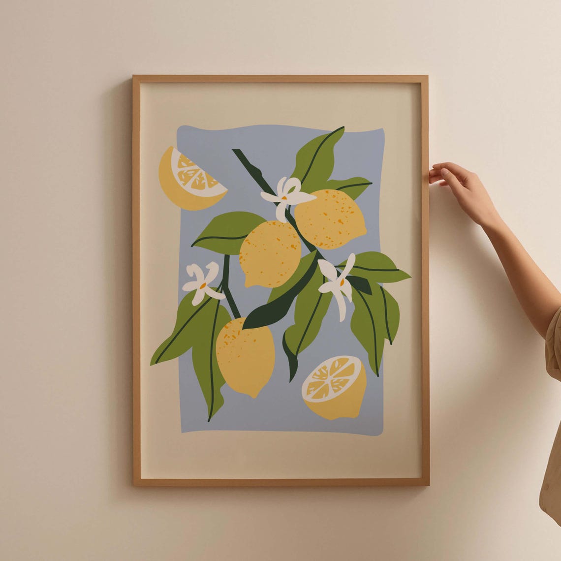 Lemon Branch Botanical Illustration with White Blossoms on Blue Poster