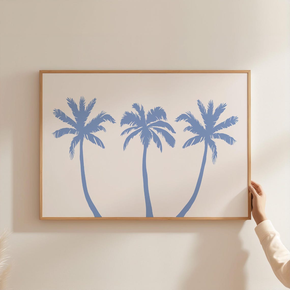 Three Blue Palm Tree Silhouettes Coastal Beach Horizontal Wall Art