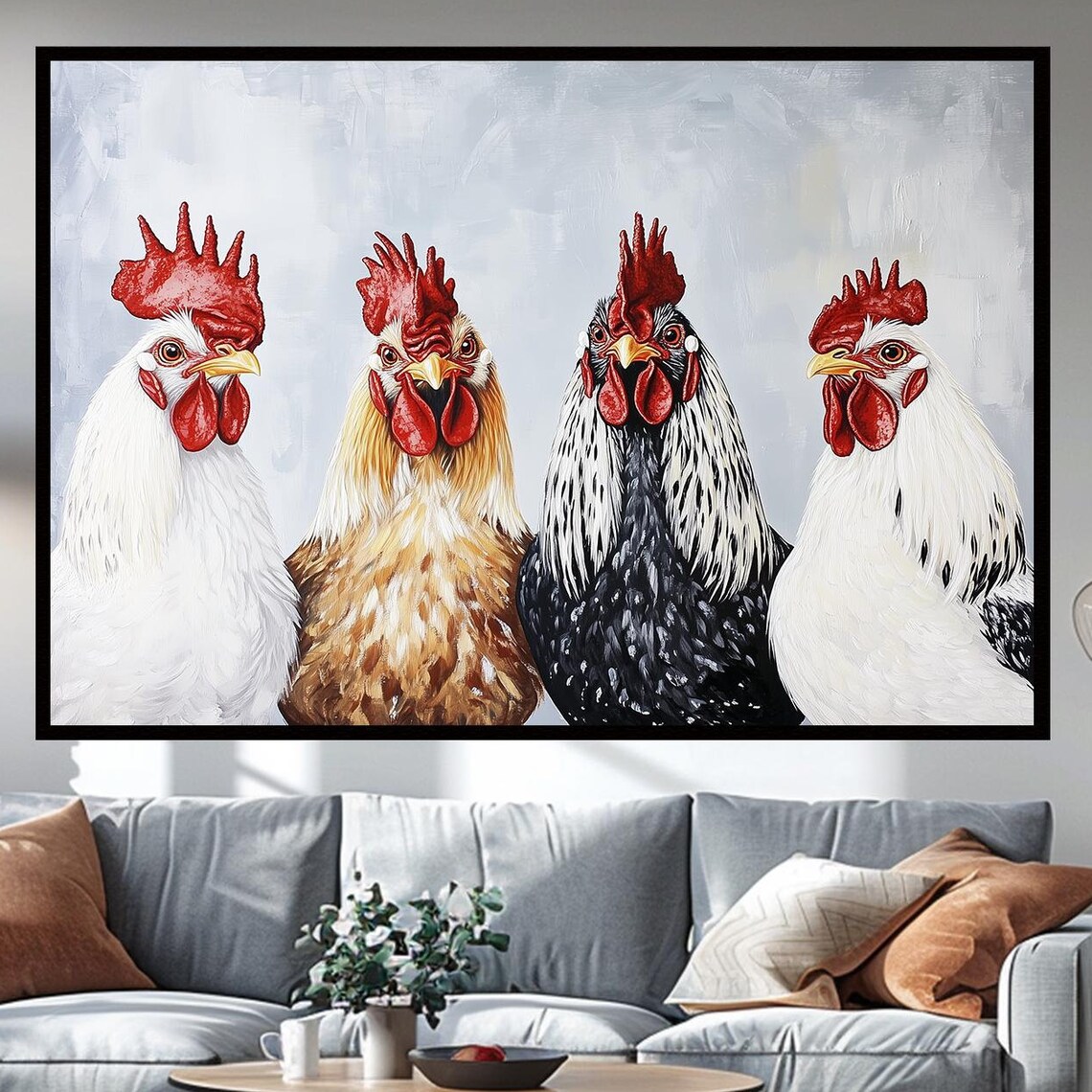 Four Colorful Roosters Farmhouse Animal Portrait Painting Print