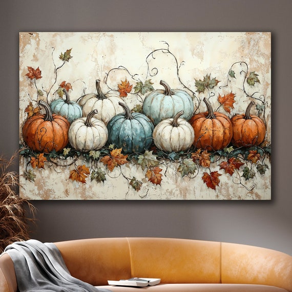 Rustic Fall Harvest Canvas Wall Art Autumn Halloween Decor Blue Orange White Pumpkin Painting Print Country Nature Poster Gift Ready To Hang