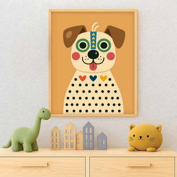 Cute Cartoon Dog Nursery Playful Colorful Puppy Kids Room Poster
