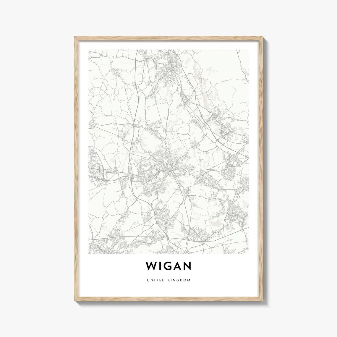 Wigan United Kingdom Street Map Minimalist Black White City Print