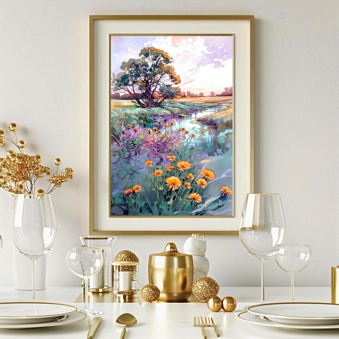 Orange Marigolds and Pond Lilies Watercolor Landscape Poster - Image 3