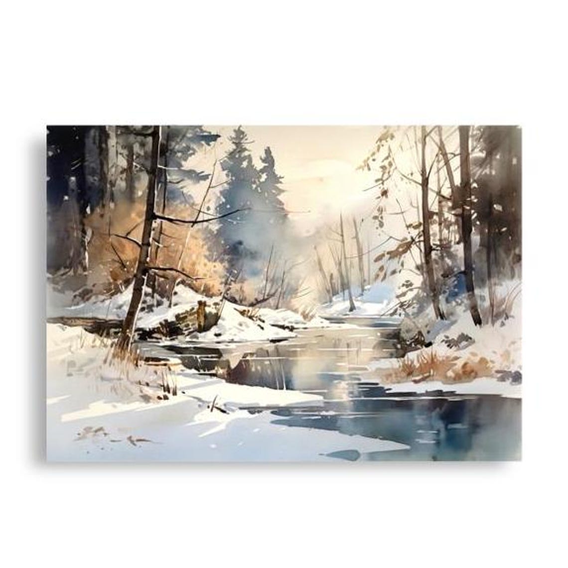 Winter Forest River Landscape Watercolor Art Print - Image 2