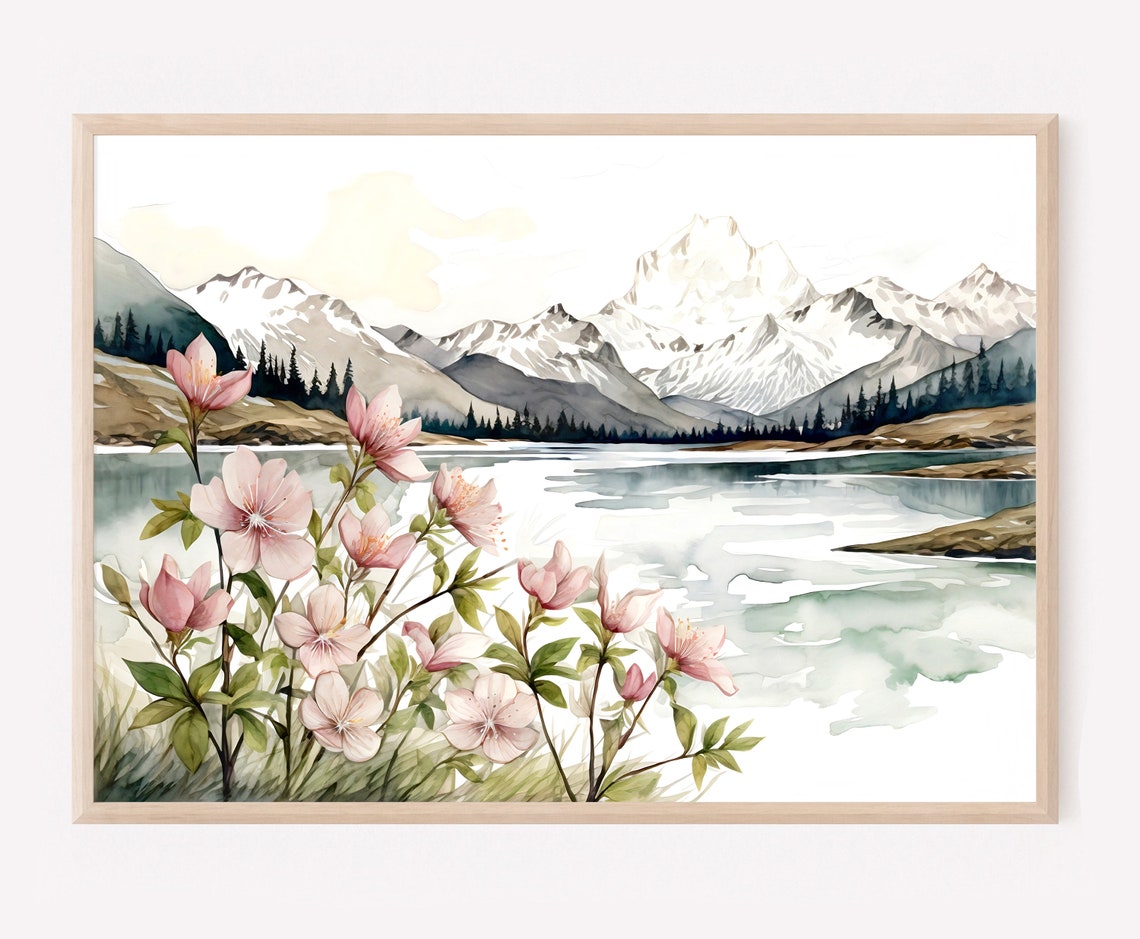 Snowy Mountain Lake Pink Wildflowers Watercolor Landscape Poster
