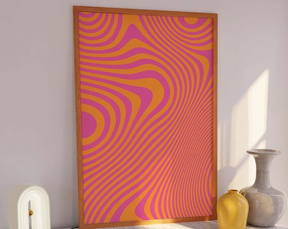 Pink Orange Abstract Print Art Trendy Pink Orange 70s Retro Art Cute Trendy Wall Art