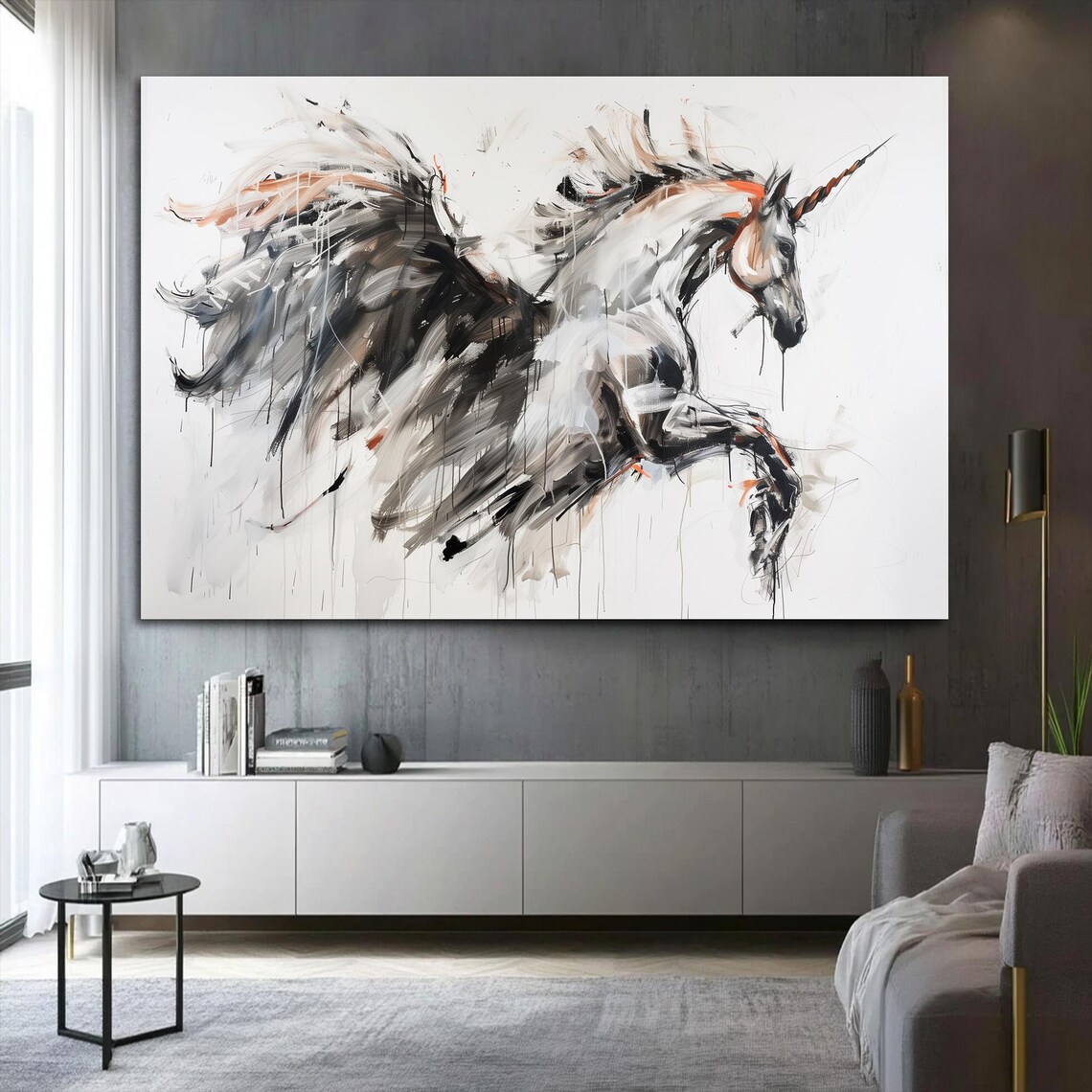 White Winged Unicorn Galloping Ink Sketch Fantasy Myth Art Poster - Image 3