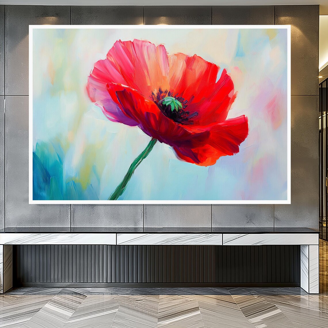 Red Poppy Single Bloom Oil Painting Bold Classic Floral Wall Art - Image 3