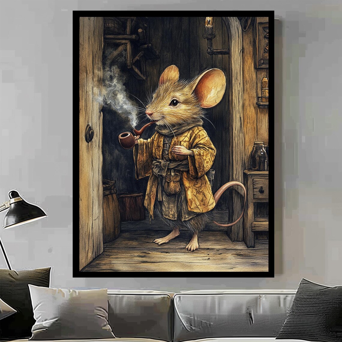 Whimsical Storybook Mouse Smoking Pipe Fairytale Cottage Animal Print - Image 3