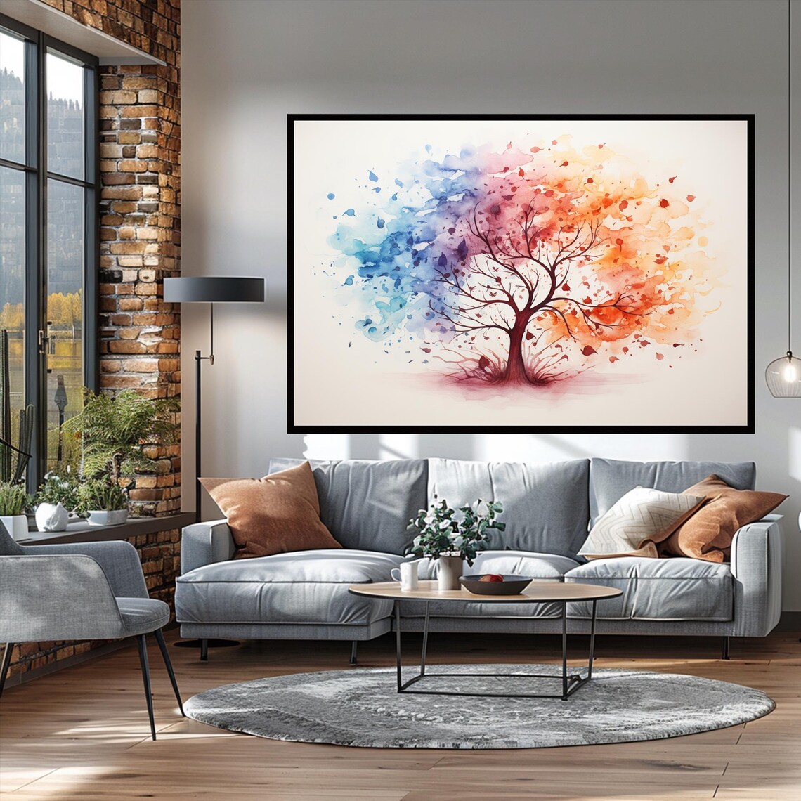Tree of Life Blue Orange Watercolor Calm Nature Spirit Wall Art - Image 2