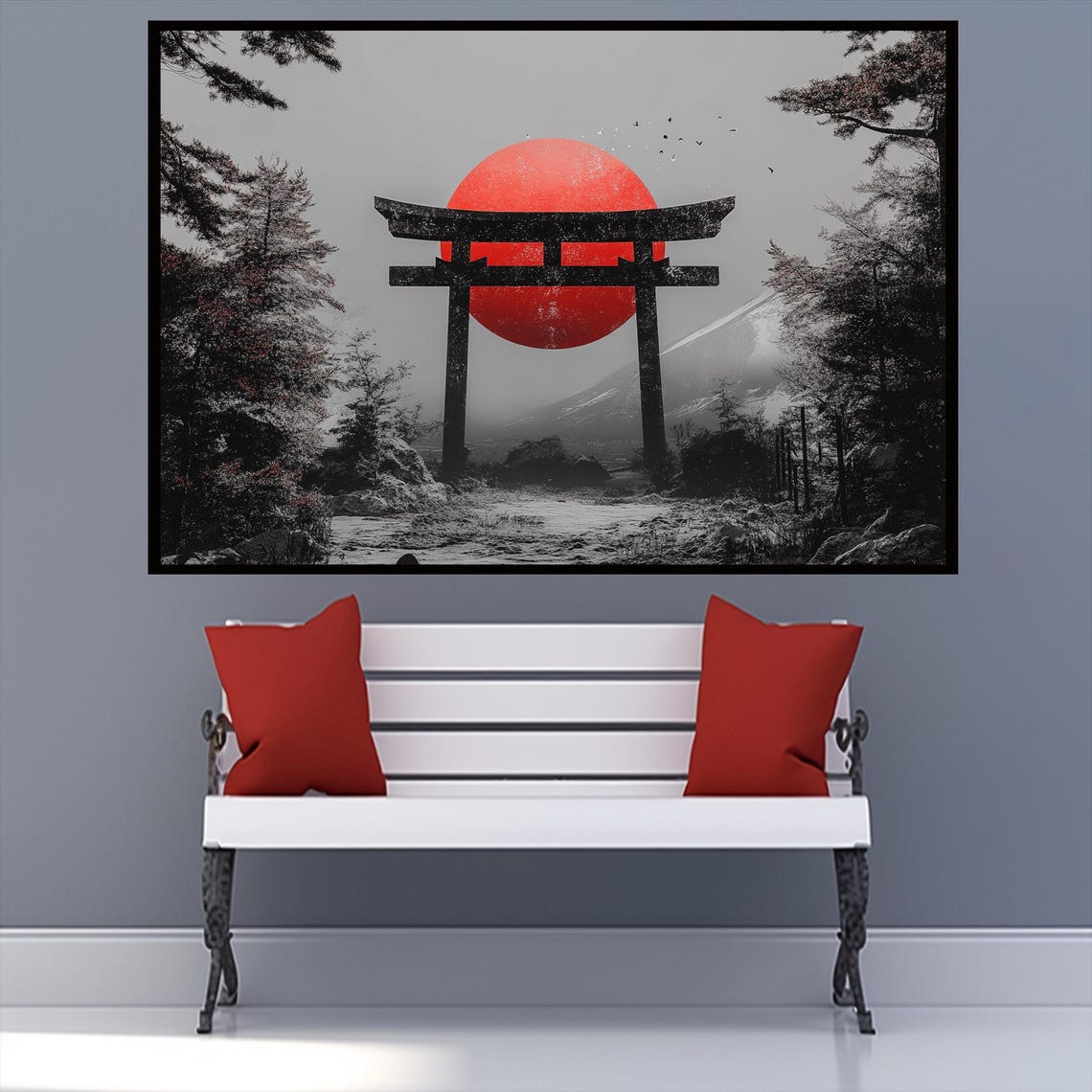 Japanese Torii Gate Black Silhouette Red Sun Monochrome Zen Art Poster - Image 2