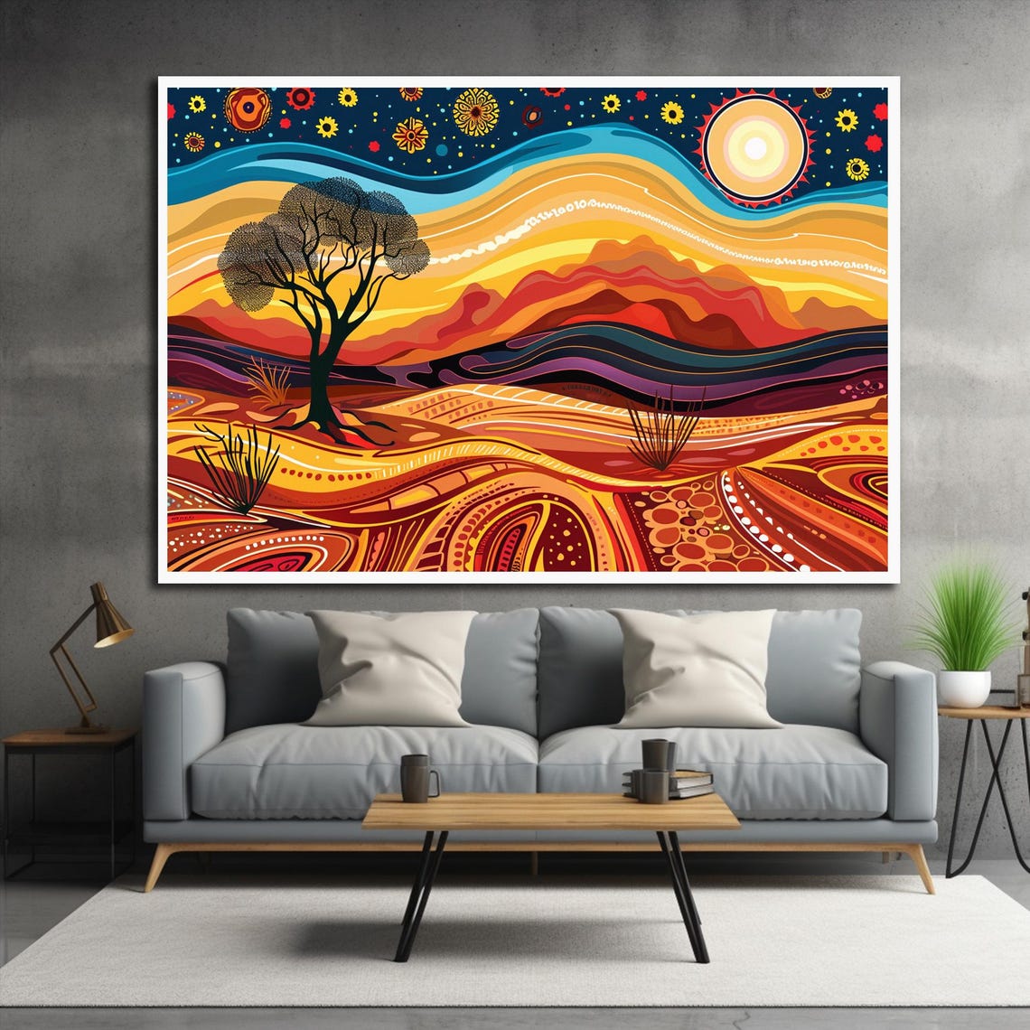 Desert Lone Tree Starry Night Dunes Warm Tribal Dot Art Poster - Image 3