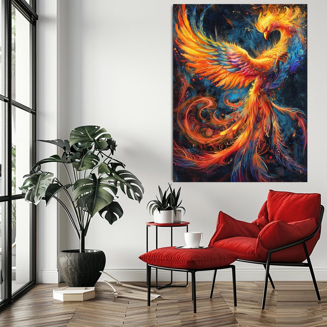 Fiery Phoenix Wall Art with Orange Plumage Rising on Dark Background - Image 3