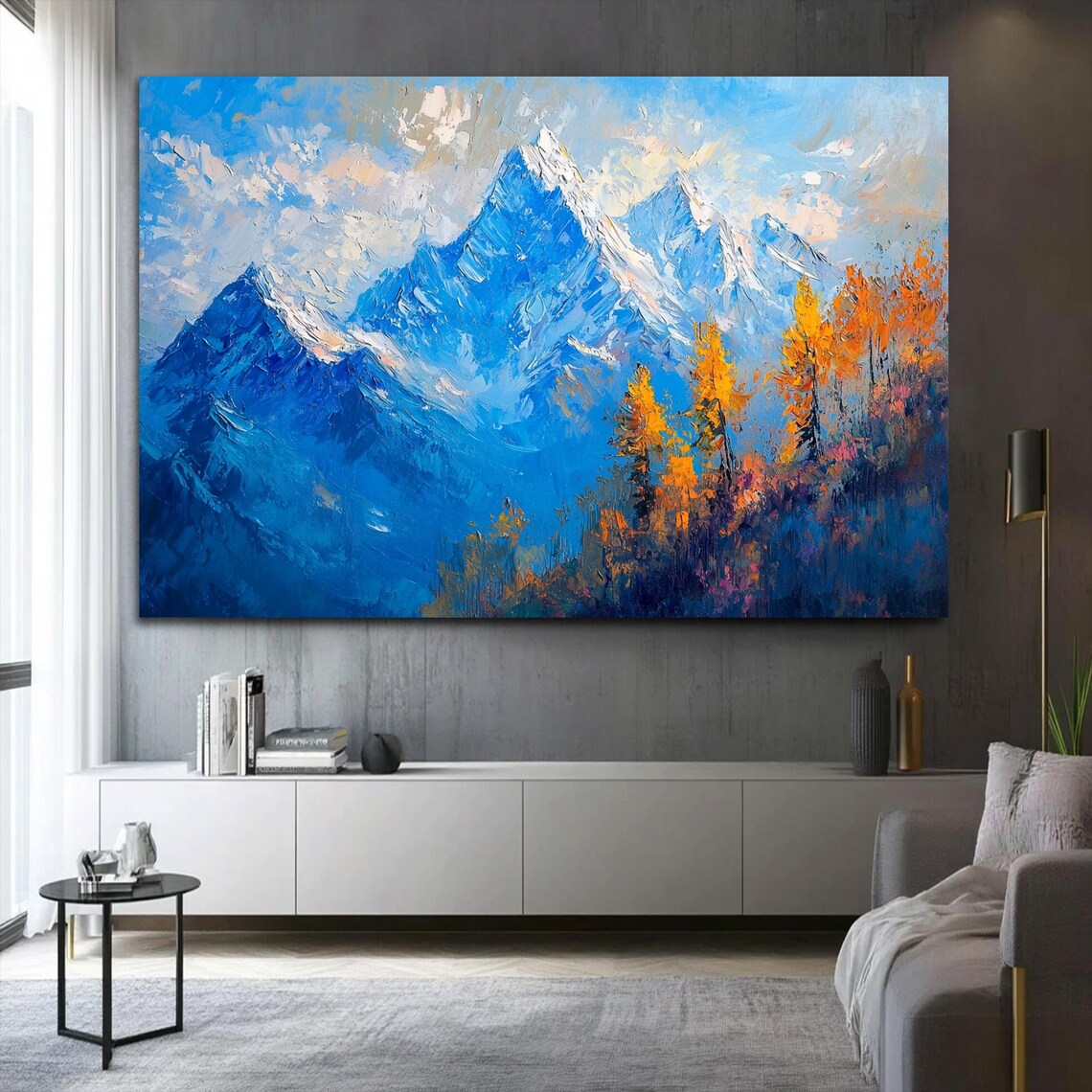 Deep Blue Mountain Peaks Golden Autumn Trees Oil Painting Poster - Image 2